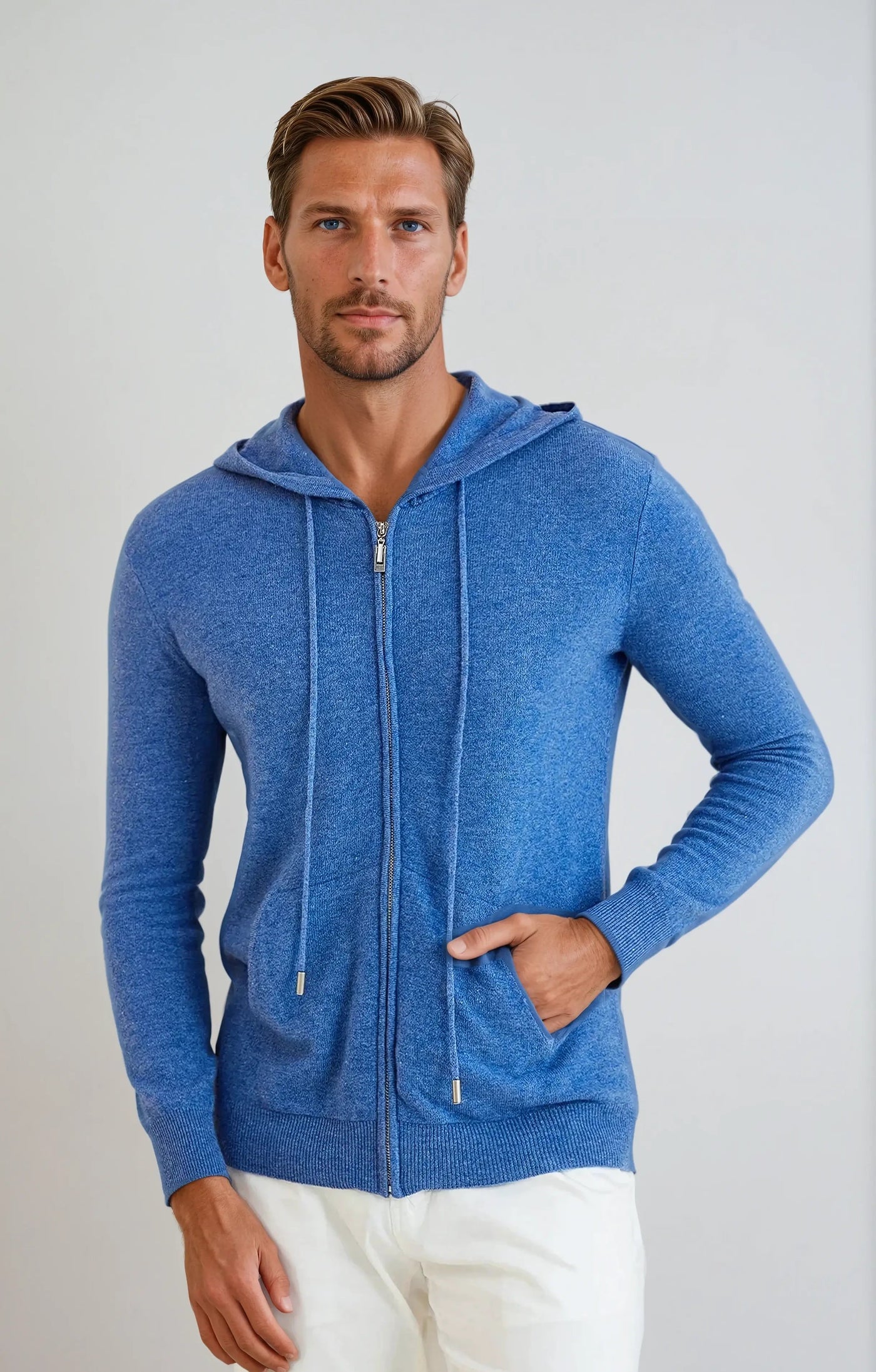 Gilet zippé en tricot cachemire - Bleu azur