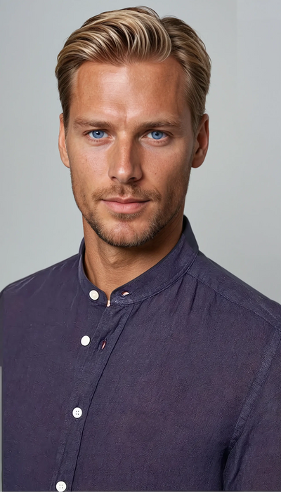 Chemise col mao en lin bleu marine