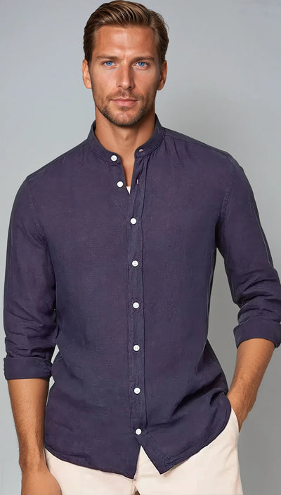 Chemise col mao en lin bleu marine
